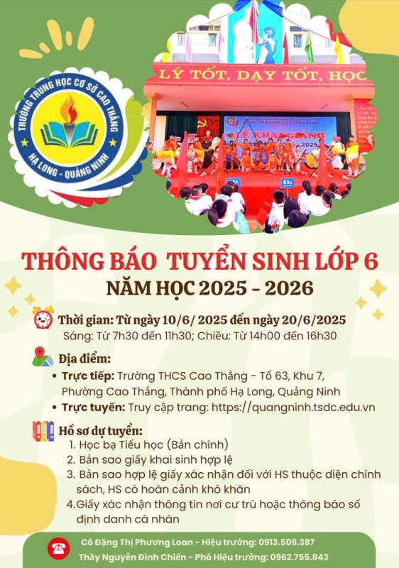 Thông báo Tuyển sinh lớp 6 - Năm học 2025 - 2026 của Trường THCS Cao Thắng - Thành phố Hạ Long
