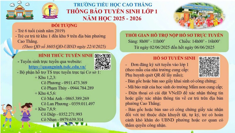Thông báo Tuyển sinh lớp 1 - Năm học 2025 - 2026 của Trường Tiểu học Cao Thắng - Thành phố Hạ Long